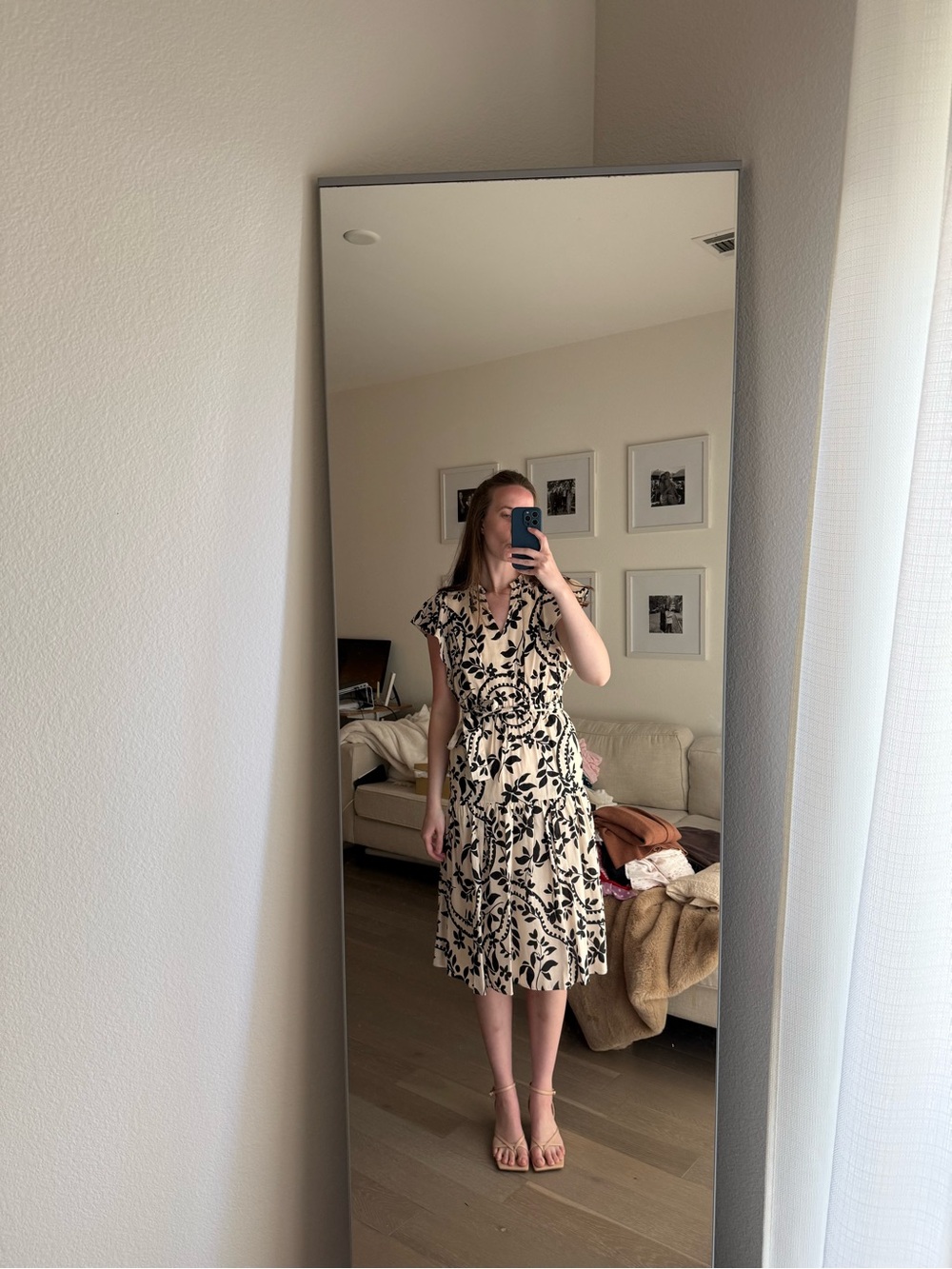 Floral Tie-Waist Midi Dress in Cream and Black